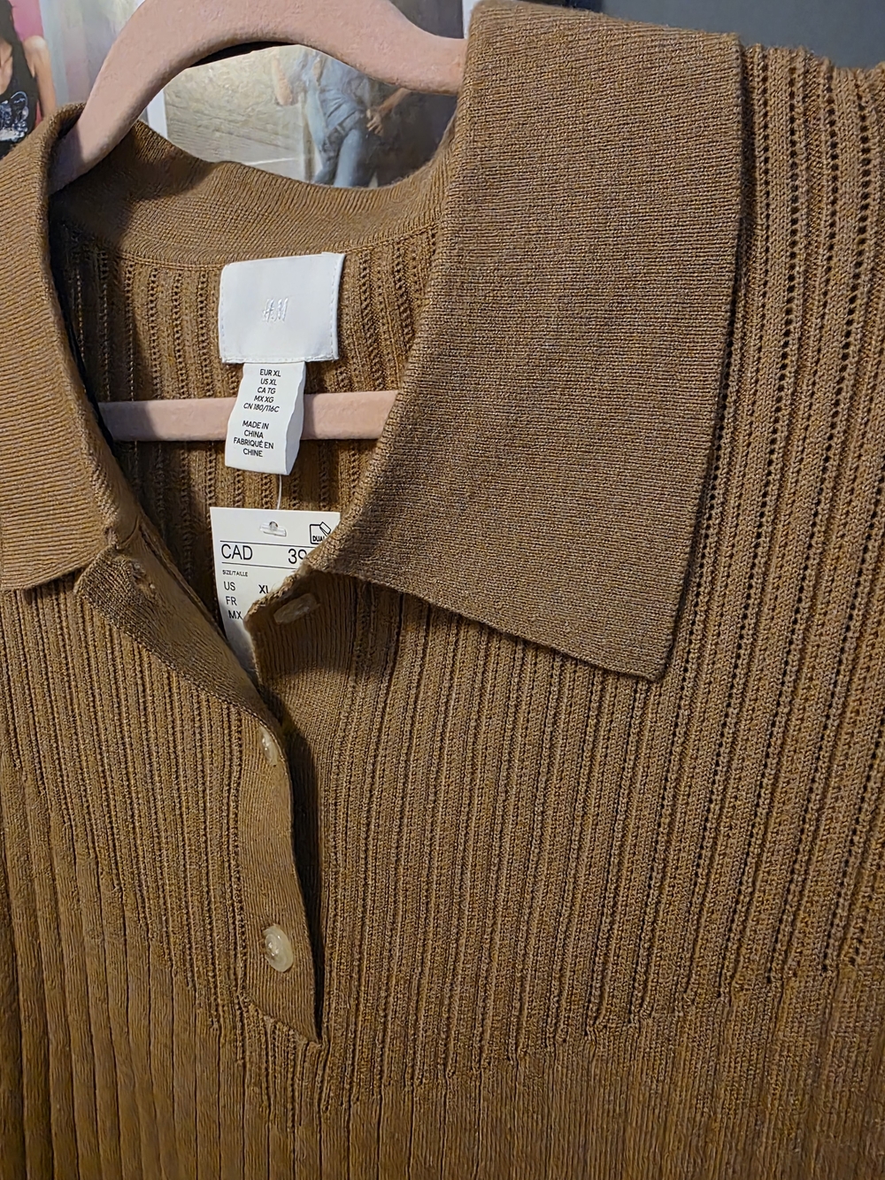 NWT H&M Camel Ribbed Knit Collared Polo Sweater XL | 3/4 Sleeve Capsule Wardrobe - Picture 11 of 12